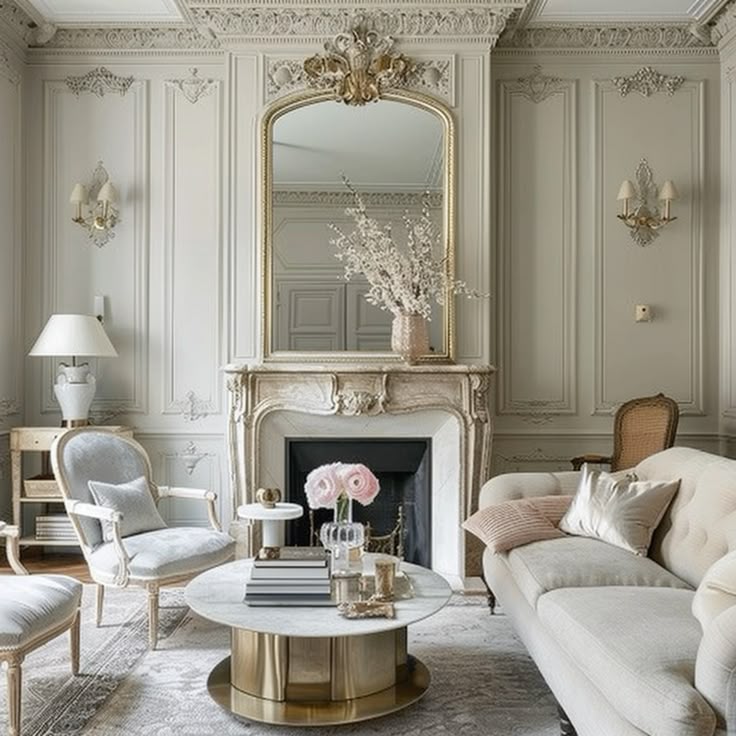 French living room with an ornate gold mirror over a marble fireplace and a cream tufted sofa